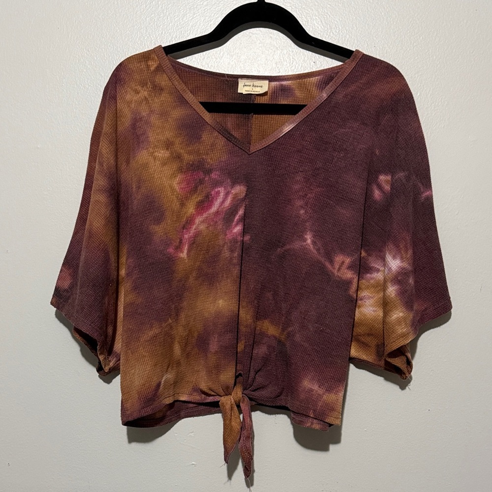 Free Kisses V-Neck Tie-Dye Blouse - Brown and Purple